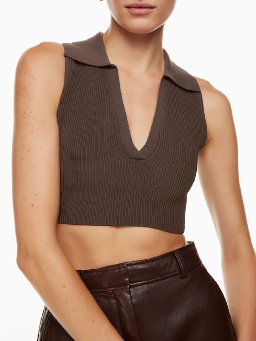 Babaton Aritzia Sculpt Knit Polo Top Minimalist Rich Mocha Brown 2XS